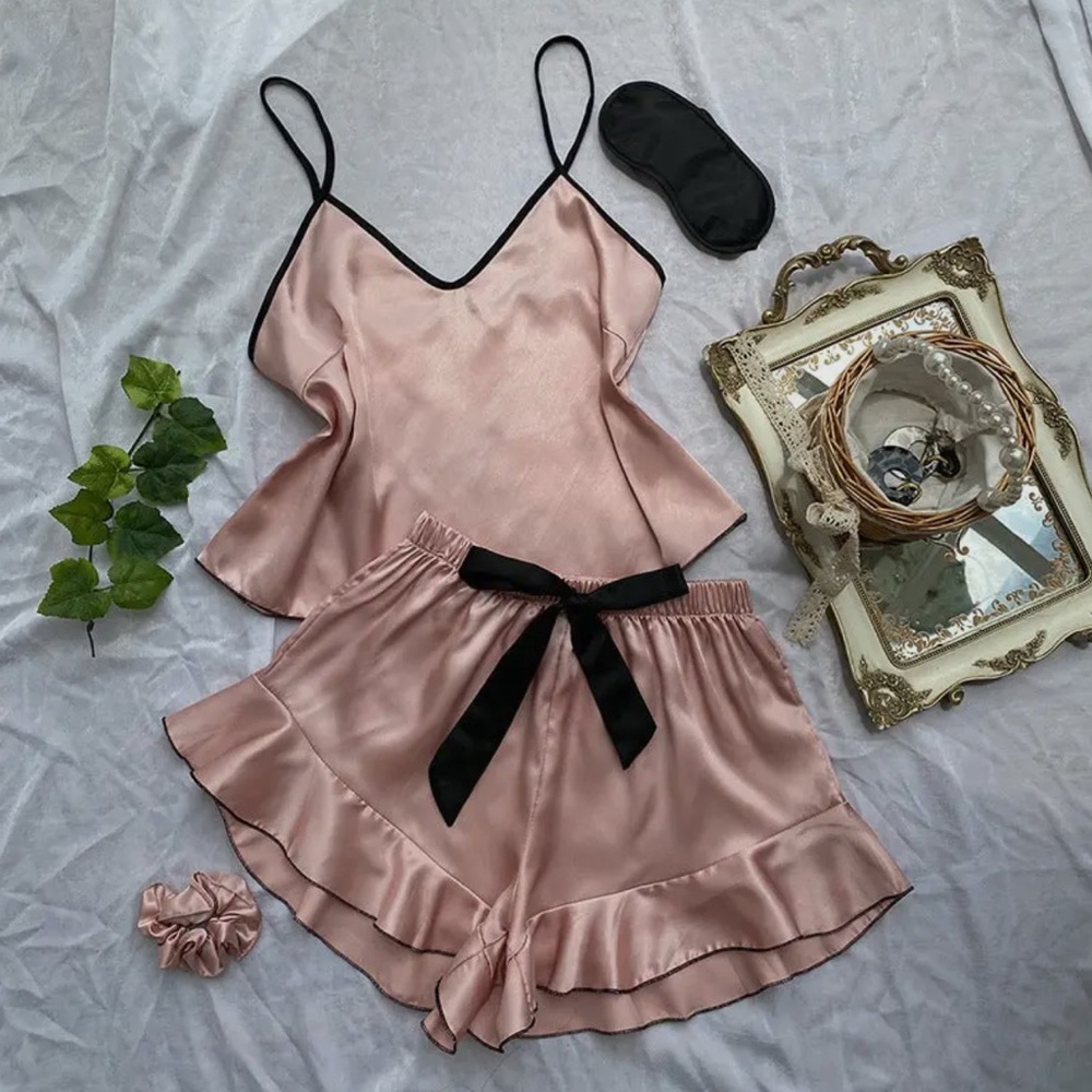 NWOT! Satin Ruffle Cami & Short Pajama Set - Blush with Black Trim